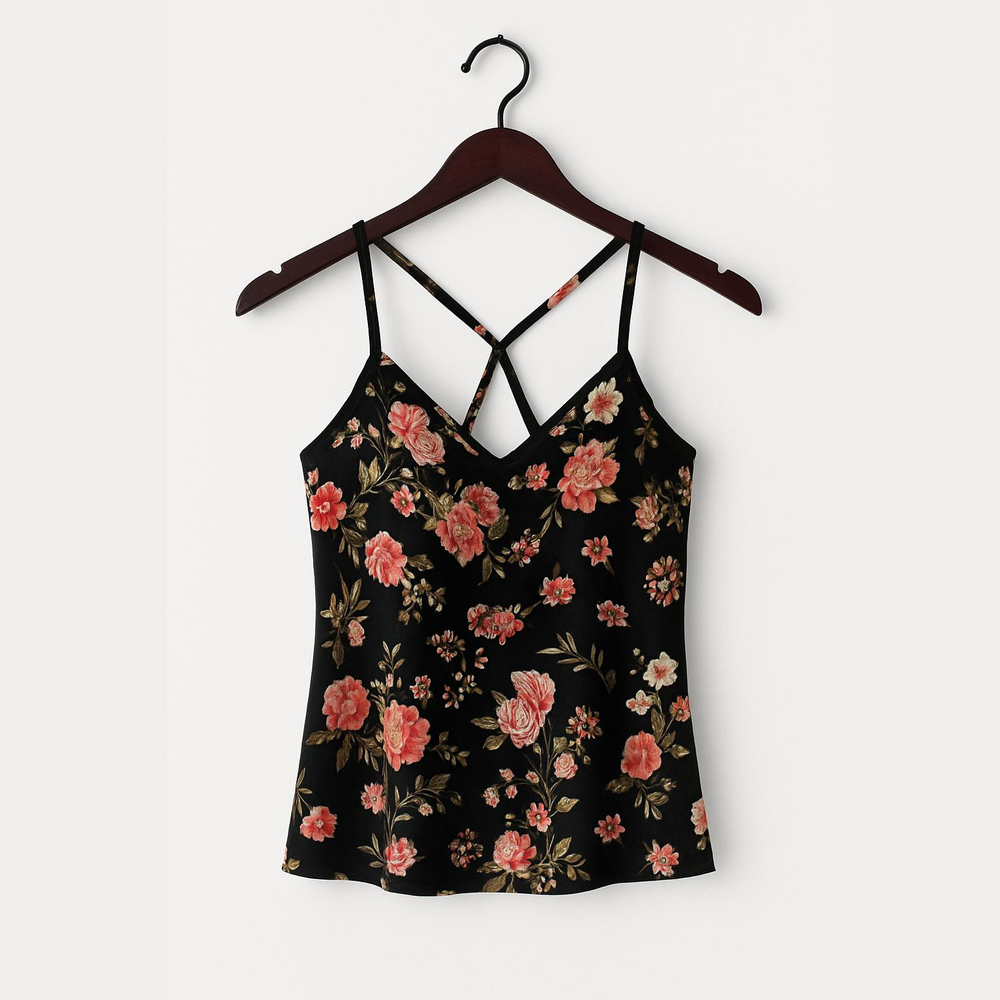 Floral Black Camisole with Pink Accents